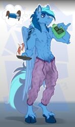 2021 5_fingers absurd_res anthro areola athletic athletic_anthro athletic_male bacon bed beverage biped blue_body blue_eyes blue_fur blue_hair bottomwear bulge cheek_tuft chest_tuft clothed clothing cloven_hooves cooking crotch_tuft detailed_bulge digital_media_(artwork) ear_tuft elbow_tufts energy_drink equid equine eyebrow_through_hair eyebrows facial_tuft fan_character fangs feathered_wings feathers fetlocks fingers food fur furniture genital_outline hair hasbro hi_res hooves inner_ear_fluff looking_up male mammal meat my_little_pony navel pan pants pegasus penis_outline ralek shoulder_tuft solo tattoo thinking thought_bubble tired topless translucent translucent_hair tuft umami_stale wings