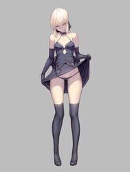 artoria_pendragon artoria_pendragon_(alter) bare_shoulders bare_thighs black_dress black_footwear black_gloves black_legwear black_panties black_underwear blonde_hair breasts choker clavicle cleavage clothes_pull dress dress_lift dress_pull egk513 elbow_gloves erect_nipples erect_nipples_under_clothes fate/grand_order fate_(series) female female female_focus full_body gloves grey_background halter_dress high_resolution looking_at_viewer lowleg lowleg_panties nipples no_bra pantsu saber shoes short_hair simple_background skirt skirt_lift skirt_pull sleeveless sleeveless_dress small_breasts solo spaghetti_strap standing tagme thighhighs thighs underwear very_high_resolution yellow_eyes