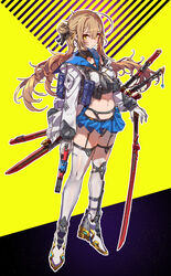 1girls bangs bare_midriff bare_thighs belly_button blonde_hair breasts clothed clothed_breasts detailed_shoes english english_text female female_focus female_only garter garter_belt garter_straps gloves gun hair_bun holding_object long_hair long_legs long_sleeves looking_at_viewer looking_to_the_side midriff navel nipple_bulge particles_(artist) pendant pouch school_uniform schoolgirl short_skirt skirt solo solo_female solo_focus sword tagme thick_thighs thigh_highs thigh_strap thighhighs thighs twintails weapon yellow_eyes