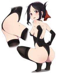 1girls ass blush breasts coro_fae eye_contact female fully_clothed hair_ribbon kaguya-sama_wa_kokurasetai_~tensai-tachi_no_renai_zunousen~ leotard looking_at_viewer red_eyes shinomiya_kaguya small_breasts solo squatting thick_thighs thighs white_background