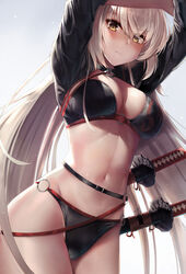 1girls ahoge arms_up bangs bikini black_bikini black_gloves black_jacket black_swimsuit blush breasts choker cleavage cowboy_shot curves expressionless eyebrows_visible_through_hair fate/grand_order fate_(series) female female_only gloves golden_eyes gradient gradient_background hair_between_eyes high_resolution jacket jeanne_alter jeanne_d'arc_(alter) jeanne_d'arc_(alter)_(swimsuit_berserker) jeanne_d'arc_(fate) katana large_breasts long_hair looking_at_viewer midriff motokonut multiple_swords navel o-ring o-ring_bikini pixiv_id_1836747 scabbard sheathed shrug_(clothing) silver_hair simple_background solo strap swimsuit sword tagme very_long_hair weapon white_hair yellow_eyes