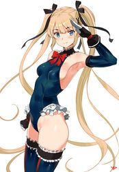 1girls alternate_costume alternative_costume armpits artist_name bangs bare_shoulders black_gloves black_ribbon blonde_hair blue_eyes blue_legwear blue_leotard blunt_bangs blush bow bowtie breasts choker clenched_hand closed_mouth covered_navel cowboy_shot cute dead_or_alive dead_or_alive_5 detached_sleeves elbow_gloves european eyebrows_visible_through_hair eyeshadow female female_only fingerless_gloves frilled_choker frilled_legwear frilled_leotard frills fringe fully_clothed garter gloves groin hair_ornament hair_ribbon halterneck hand_to_head hand_up high_resolution highleg highleg_leotard legs_together legwear leotard light-skinned_female light_skin long_hair looking_at_viewer maid_uniform marie_rose marie_rose_(devilish_servant_against_the_splashing_waves) petite red_bow red_bowtie red_neckwear revealing_clothes ribbon salute sideboob sidelocks simple_background single_stripe single_vertical_stripe skin_tight skindentation skinny sleeveless slim small_breasts smile solo solo_female standing stockings swedish tagme teenage_girl teenager thighhighs thighs tied_hair tight_clothing turtleneck twintails very_long_hair white_background x_hair_ornament yang-do younger_female