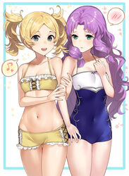 2girls bare_arms bare_midriff bare_shoulders bare_thighs belly bikini black_eyes blonde_hair blonde_pigtails blue_swimsuit blush breasts cleavage embarrassed female female_only fire_emblem fire_emblem:_the_blazing_blade fire_emblem_awakening florina_(fire_emblem) frills green_eyes haru_(nakajou-28) hourglass_figure human human_only light-skinned_female light_skin lissa_(fire_emblem) long_hair long_purple_hair looking_at_viewer multiple_girls navel nintendo one-piece_swimsuit pigtails purple_hair small_breasts smile smiling_at_viewer stomach swimsuit take_your_pick tight_clothing tight_fit tummy twintails white_swimsuit yellow_bikini yellow_swimsuit