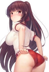 adjusting_buruma adjusting_clothes alternative_costume alternative_hairstyle anthropomorphization ass bangs black_hair bloomers_(gym) blush breasts buruma double_vertical_stripe dressing eyebrows_visible_through_hair female female_only from_behind frown girls'_frontline gym_shirt gym_uniform hair_ornament hair_ribbon high_resolution large_breasts light_background long_hair looking_at_viewer looking_back motokonut one-side-up panties panty_peek pixiv_id_1836747 ponytail purple_hair red_buruma red_eyes ribbon shirt simple_background solo sportswear tagme thighs tied_hair underwear uniform very_long_hair wa2000_(girls'_frontline) white_background white_panties white_shirt white_underwear