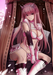 bangs blunt_bangs boots breasts chariot cleavage clothing crown elbow_gloves fate/grand_order fate_(series) female female gloves headwear high_resolution kakek kakekcaboel kakeku large_breasts long_hair looking_at_viewer medb_(fate) naughty_face navel pink_hair red_eyes royal skirt smile snowing solo tagme thighs tiara v_arms