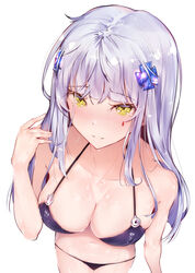 bangs bikini black_bikini black_swimsuit blunt_bangs blush breasts clavicle cleavage eyebrows_visible_through_hair facial_mark female foreshortening girls'_frontline golden_eyes green_eyes hair_ornament hand_up high_resolution hk416_(girls'_frontline) hplay large_breasts long_hair looking_at_viewer medium_breasts navel pixiv_id_13244881 sidelocks silver_hair simple_background smile solo swimsuit teardrop viewed_from_above wet white_background white_hair yellow_eyes