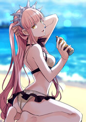 1girls :d ass bangs bare_arms bare_legs bare_shoulders barefoot beach bent_knees bikini blue_sky blurry blurry_background bottle breasts clothing crown day exposed_shoulders eyebrows_visible_through_hair fate/grand_order fate_(series) feet female female_ass golden_eyes halterneck hand_in_hair head_tilt headdress headwear high_resolution holding holding_hair holding_object legs long_hair looking_at_viewer looking_back medb_(fate) medb_(swimsuit_saber) medium_breasts ocean open-mouth_smile open_mouth outdoors pink_hair seiza shimo_(s_kaminaka) sitting sky smile solo straight_hair swimsuit tiara very_long_hair water white_bikini white_swimsuit yellow_eyes