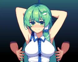 1boy 1girls animated armpits arms_behind_head big_breasts blush bondage breast_grab breasts disembodied_hand female furumero groping groping_from_behind huge_breasts molestation no_sound pixel_art sanae_kochiya shorter_than_30_seconds tagme tied_hands touhou upper_body video