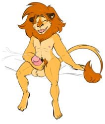 alakay_alex anthro balls bed blush bodily_fluids claws cum cumshot dreamworks ears_down ejaculation fangs felid furniture genital_fluids genitals handpaw hi_res humanoid_genitalia humanoid_penis lion madagascar_(series) male mammal mane masturbation navel nipples nood1e on_bed orgasm orgasm_face pantherine pawpads paws penile penile_masturbation penis pivoted_ears simple_background sitting solo white_background