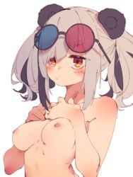 1girls arknights black_hair blush breasts eyewear_on_head feater_(arknights) glasses looking_at_viewer nude panda_ears rasusurasu simple_background standing sunglasses_on_head white_hair yellow_eyes