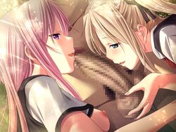 2girls :d black_ribbon blonde_hair breasts censored clothed_female_nude_male dutch_angle game_cg hair_ribbon imminent_fellatio long_hair m&m_(mickey_and_mackey) male_pubic_hair medium_breasts minami_isuka mosaic_censoring multiple_girls neck_ribbon nipples nude official_art open_mouth penis pink_hair pubic_hair red_ribbon ribbon saint_estera_gakuin_no_shichinin_no_majo shiny shiny_hair shirt short_sleeves smile testicle_grab testicles twintails white_shirt yudate_doris