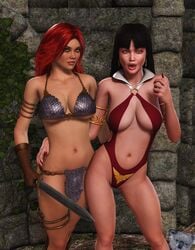 2girls 3d athletic athletic_female big_ass big_breasts bimbo black_hair breasts busty chainmail chainmail_bikini cleavage crossover curvaceous curvy dynamite_comics eyebrows eyelashes eyes fangs female female_only fit fit_female furbs3d gloves green_eyes hair hips holding_weapon hourglass_figure huge_breasts human humanoid large_breasts legs light-skinned_female lips loincloth long_hair marvel marvel_comics red_hair red_sonja red_sonja_(comics) revealing_clothes sword thick thick_legs thick_thighs thighs top_heavy upper_body vampire vampirella vampirella_(character) vampirella_(series) voluptuous wide_hips