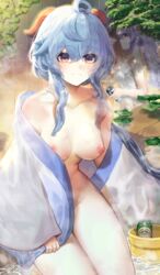 1girls adeptus big_breasts blue_hair blush breasts ganyu_(genshin_impact) genshin_impact highres horns keqing_(genshin_impact) naked nipples purple_eyes qilin sp0i0ppp thick_thighs thighs yellow_eyes