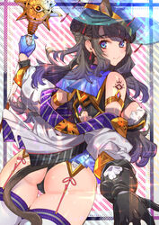 1girls :> animal_ears arm_band ass back back_view bangs bare_ass bare_shoulders bare_thighs black_hair black_panties blue_eyes breasts clothed clothed_breasts eye_symbol female female_focus female_only flowing_hair garter_straps gloves hair_bun hat headband holding_object large_breasts long_hair long_sleeves looking_at_viewer looking_back looking_to_the_side particles_(artist) red_eyelashes ribbon ribbons see-through_clothing short_skirt sideboob skirt smile solo solo_female solo_focus staff straps tagme tassel tattoo thick_thighs thigh_highs thigh_strap thighhighs thighs transparent_clothing twintails witch_hat