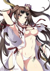 arm_behind_head armpits bangs bare_shoulders bikini blush breasts brown_eyes brown_hair cameltoe clavicle cleavage cowboy_shot earrings eyepatch_bikini eyewear_on_head fate/grand_order fate_(series) female grey_eyes hair_ornament high_resolution jewelry large_breasts long_hair looking_at_viewer medium_breasts multiple_earrings navel one_arm_up open_clothes open_mouth polearm pose robe simple_background solo spear standing sunglasses swimsuit tagme thighs tied_hair toned twintails underboob very_long_hair weapon white_background white_bikini white_swimsuit yu_miaoyi_(fate) yu_miaoyi_(swimsuit_lancer) zeroshiki_kouichi