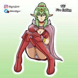 1girls ass bare_thighs big_ass boots cape cleavage fire_emblem fire_emblem_awakening green_eyes green_hair hair_between_eyes looking_at_viewer medium_breasts nintendo panties pantyshot pantyshot_(sitting) pointy_ears ponytail ryper solo thighhighs tiki_(adult)_(fire_emblem) tiki_(fire_emblem) upskirt white_panties