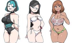 3girls bikini black_hair blue_hair brown_hair cleavage courtney_(tdi) female_only gwen_(tdi) heather_(tdi) lightsource multicolored_hair multiple_girls swimsuit total_drama_island