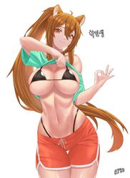 1girls absurdres animal_ears aqua_shirt artist_name bare_shoulders bikini bikini_under_clothes black_bikini breasts brown_eyes brown_hair closed_mouth clothes_lift contrapposto cowboy_shot dolphin_shorts epko female female_focus female_only front_view gesture highleg highleg_bikini highres large_breasts lifted_by_self linea_alba lion_ears long_hair looking_at_viewer micro_bikini off-shoulder_shirt off_shoulder ok_sign orange_shorts original ponytail seductive shiny shiny_skin shirt shirt_lift short_shorts shorts simple_background skindentation smile solo solo_female solo_focus swimsuit thigh_gap very_long_hair white_background