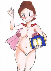 2016 areolae breasts brown_eyes brown_hair cape female female_only huge_areolae ken_hayakawa large_breasts light-skinned light-skinned_female looking_at_viewer mantarou_suwa mask mature mature_woman milf mother nude perman plump short_hair simple_background smile solo vagina white_background