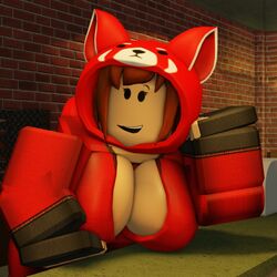 1girls 3d arsenal_(rolve) breasts brown_hair female female_only fingerless_gloves gloves hand_on_table heyits_aaron jacket looking_at_viewer open_jacket red_panda_(rolve) roblox roblox_game robloxian rolve solo solo_female tagme