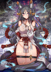 1girls animal_ears bangs bare_ass bare_legs bare_shoulders bare_thighs bells black_hair bracelet breasts clothed_breasts detached_sleeves eyebrows_visible_through_hair female female_focus female_only flowing_hair fluffy_ears fluffy_tail fox_ears hair_bun japanese_clothes large_breasts long_hair long_sleeves long_tail looking_at_viewer looking_to_the_side midriff particles_(artist) particles_(effect) ribbon ribbons rope side_bun solo solo_female solo_focus straps tagme tail thick_thighs thigh_highs thigh_strap thighhighs thighs twintails very_long_hair water wet wet_clothes wet_pussy