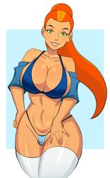 1girls alternate_breast_size alternate_version_available ben_10 big_breasts bikini breasts cameltoe cartoon_network cleavage donchibi female female_only future_gwen green_eyes grin gwen_tennyson hand_on_hip hourglass_figure huge_breasts large_breasts long_hair looking_at_viewer navel nipples_visible_through_clothing off_shoulder panties ponytail pussy red_hair smile solo thick_thighs thighhighs wide_hips