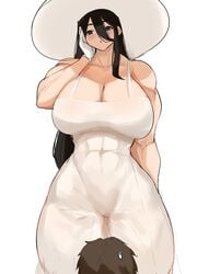 black_hair breasts brown_eyes busty cleavage dress female gloves hasshaku-sama hat large_breasts long_hair looking_down muscles musctonk muscular_female size_difference wide_hips