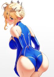 1girls artoria_pendragon artoria_pendragon_(lancer) ass bare_shoulders bent_over big_ass big_butt blonde_hair blue_leotard blush braid breasts crown detached_sleeves dripping elbow_gloves fate/grand_order fate_(series) gloves green_eyes halterneck hands_on_hips happymonk headgear highres large_breasts leaning_forward leotard looking_at_viewer looking_back skin_tight skindentation solar_(happymonk) sweat sweatdrop thick_thighs thighs turning_head wet