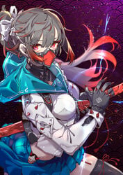 1girls bangs bare_thighs breasts clothed clothed_breasts cuffs drawing_weapon female female_focus female_only gloves grey_hair hair_ribbon holding_object japanese_text large_breasts long_hair long_legs long_sleeves looking_at_viewer looking_to_the_side looking_up mask mask_on_head masked midriff particles_(artist) pink_eyes ponytail pouch red_eyelashes red_eyes ribbon ribbons school_uniform schoolgirl schoolgirl_uniform sideboob skirt solo solo_female solo_focus spikes sword tagme thick_thighs thigh_highs thighhighs thighs tie tie_between_breasts two_tone_hair weapon wrist_cuffs