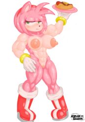 abs amy_rose annoyed_expression anthro big_breasts breasts chili_dog clothing eulipotyphlan female food footwear genitals gloves green_eyes handwear hedgehog hi_res hot_dog khrunkisillegal mammal mostly_nude muscular muscular_female pussy sega solo sonic_(series) vein veiny_arms veiny_muscles veiny_skin