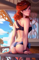 ass bare_back bubble_butt cosmere curly_hair eyelashes female female_only freckles lips looking_at_viewer outside pointy_nose purple_eyes raichiyo33 red_hair shallan_davar sitting sitting_on_rail sitting_on_railing smile solo solo_female stormlight_archive swimsuit swimwear tight_panties two_piece_swimsuit violet_eyes