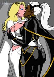 2girls african african_female ass_grab big_breasts blonde_hair curvy curvy_female dark-skinned_female dark_skin emma_frost female female/female female_only fully_clothed human human_only interracial interracial_yuri kaywest kissing light-skinned_female light_skin marvel marvel_comics mature mature_female ororo_munroe storm_(x-men) voluptuous voluptuous_female white_hair white_queen x-men yuri