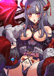 1girls bangs bare_ass bare_breasts bare_midriff bare_shoulders bare_thighs barely_visible_genitalia barely_visible_pussy belly_button black_panties breasts candy choker cleavage clothed condom condom_wrapper demon demon_girl demon_horns demon_tail demon_wings detailed_background ear_piercing earrings female female_focus female_only frills garter garter_straps garterbelt gloves grey_hair hair_over_nipples holding_object horn horn_ornament horn_ring horns large_breasts lolipop long_hair long_legs long_sleeves looking_at_viewer midriff multicolored_hair navel open_clothes open_mouth particles_(artist) pouch pubic_tattoo pussy red_eyes red_hair ribbon ribbons saliva side_braid sideboob solo solo_female solo_focus straps succubus succubus_tattoo tagme tattoo thick_thighs thigh_highs thigh_strap thighhighs thighs tongue tongue_out two_tone_hair underboob