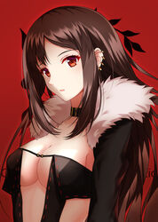 akuta_hinako assassin bangs black_choker black_coat black_hair breasts brown_hair choker clavicle cleavage coat ear_piercing eyelashes fate/grand_order fate_(series) female female fur_trim head_tilt high_resolution jewelry kola long_hair long_sleeves looking_at_viewer medium_breasts open_clothes open_coat parted_lips piercing pixiv_id_4103036 red_background red_eyes revealing_clothes rko_(a470350510) sidelocks solo tagme upper_body yu_miaoyi yu_miaoyi_(fate)