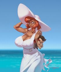 1girls beauty_mark brown_skin cleavage female female_only final_fantasy final_fantasy_xiv forehead_jewel glasses huge_breasts nipple_bulge plushie red_hair roegadyn soothing_ruby summer summer_dress summer_hat taboolicious white_dress