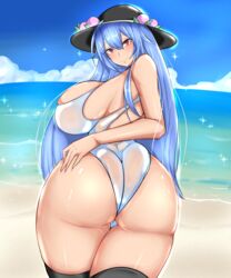 beach big_ass big_breasts blue_hair curvy hat kurosidia swimsuit tagme tenshi_hinanawi touhou