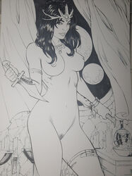 a_princess_of_mars barsoom black_and_white black_hair dejah_thoris dual_wielding greyscale holding_weapon john_carter_of_mars knife large_breasts looking_at_viewer martian matheushenrique_(artist) monochrome nude nude_female pubic_hair pussy royalty tiara