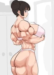 ass back black_hair blue_eyes breasts busty double_bun female large_breasts muscles musctonk muscular muscular_back muscular_female solo