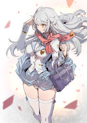 1girls bag bangs breasts clothed clothed_breasts female female_focus female_only flowing_hair gold_(metal) gold_eyes hand_on_head holding_object large_breasts long_hair long_legs long_sleeves looking_to_the_side one_eye_closed particles_(artist) pouch pussy scarf school_uniform schoolgirl schoolgirl_uniform short_skirt skirt skirt_lift solo solo_female solo_focus tagme thick_thighs thigh_highs thighhighs thighs white_hair white_panties wind_lift wrist_cuffs