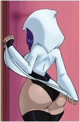 1girls arella_roth ass back_view big_ass dat_ass dc donchibi dress_lift faceless_female female female_only goth hood looking_away milf purple_hair solo teen_titans thick_thighs