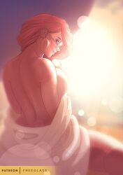 beach brown_skin earrings exposed_back female female_only final_fantasy final_fantasy_xiv freeglass glasses large_breasts red_hair roegadyn soothing_ruby sunset tease towel