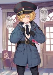 black_thighhighs blonde_hair blue_eyes blush exhibitionism femboy gloves jacket messy_hair military_uniform necktie petite police_uniform prostitution sharp_teeth short_hair smaller_male smug solo_focus thighhighs twink uniform unzipping xil yaoi