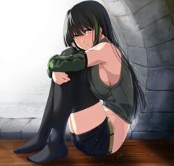 alternative_costume bare_shoulders bishi_(bishi) black_hair black_legwear blush breast_press breasts brick_wall detached_sleeves extremely_large_filesize female girls'_frontline green_hair high_resolution highlights knees_to_chest large_breasts large_filesize long_hair looking_at_viewer looking_to_the_side m4a1_(girls'_frontline) midriff mod3_(girls'_frontline) multicolored_hair no_bra no_shoes ocean off_shoulder shorts sideboob sitting smile solo streaked_hair tagme thighhighs thighs very_high_resolution vest wooden_floor yellow_eyes zettai_ryouiki