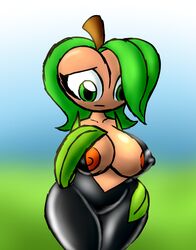 anthro breasts creepy exposed_breasts female female_focus female_only flora_fauna food food_humanoid fruit fruit_humanoid green_eyes hair_over_one_eye hand_on_breast hand_on_hip looking_down nipples nipples_visible_through_clothing obese obese_female orange_(fruit) rubber rubber_suit screwroot solo solo_female solo_focus tara_(screwroot) unhappy