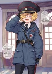 black_thighhighs blonde_hair blue_eyes blush femboy gloves jacket messy_hair military_hat necktie petite police_uniform prostitution russian_text sharp_teeth short_hair smaller_male smug solo_focus thighhighs twink uniform xil yaoi