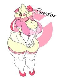 alcremie anthro breasts fan_character female food_creature huge_breasts legwear nintendo omegabrawl pokémon_(species) pokemon pokemon_focus sundae_(omegabrawl) thick_thighs video_games wide_hips