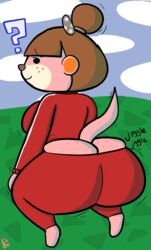 animal_crossing ass_cleavage butt_crack freckles_on_ass freckles_on_face hair_bun huge_ass klutzatdusk looking_back lottie_(animal_crossing) nintendo otter spoken_question_mark squatting tight_clothing twerking workout_clothes