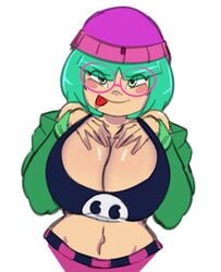 1girls blush_stickers borrowed_character breasts cleavage clothed donchibi female female_only green_eyes green_hair huge_breasts large_breasts looking_at_viewer moni_peiper navel plain_background saliva seductive_look smile solo tank_top tongue_out white_background