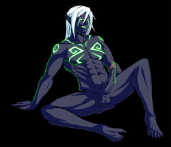 1boy black_background black_skin clawed_feet clawed_fingers cum cum_drip dark_eldar drukhari glowing glowing_eyes glowing_tattoo glowing_tattoos green_cum lewdanon male male_focus male_only mandrake_(40k) muscular muscular_male nude penis penis_out pointy_ears solo_male toe_claws warhammer_(franchise) warhammer_40k white_hair