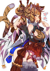 1girls animal_ears bangs bare_ass bare_shoulders bare_thighs bell bells breasts cleavage clothed_breasts detached_sleeves fangs female female_focus female_only fluffy_collar fluffy_ears hair_bun japanese_clothes japanese_text large_breasts long_hair long_sleeves long_tail looking_at_viewer looking_to_the_side midriff multiple_tails navel orange_hair partially_clothed particles_(artist) ponytail red_eyes ribbon ribbons rings rope side-tie_panties side_view sideboob solo solo_female solo_focus straps striped_clothing striped_hair striped_panties stripes tagme tail thick_thighs thigh_highs thighhighs thighs tiger_ears tiger_print tongue